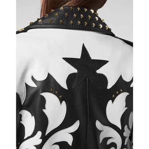 Veste de motard en cuir noir pour femme, nouveau Style clouté d'étoile avec cuir en peau de vache - Product Image 4