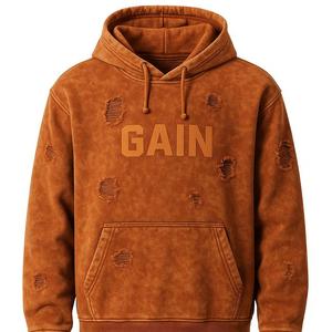 Sweat à capuche zippé en molleton de coton vintage surdimensionné vierge avec broderie bouffante personnalisée sans cordon de serrage Sweat à capuche zippé à double fermeture éclair délavé à l'acide - Product Image 1