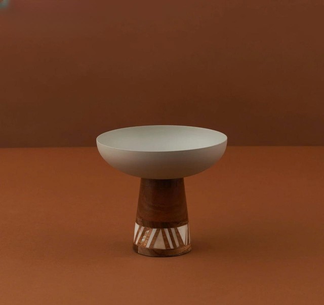 Modern Pedestal Serving Bowl Wood Cake Stand with Handcrafted Wooden Base and Mother of Pearl Inlay