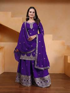 Ensemble Salwar Kameez Traditionnel Fait Main en Soie Georgette 100% Pure, Couleur Magnifique, Taille S à XXL - Product Image 5