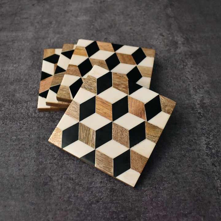 RB Impex Handmade Square Wood Tea & Coffee Coasters Set with Resin Inlay for Diwali Ramadan Wedding & Graduation Gift