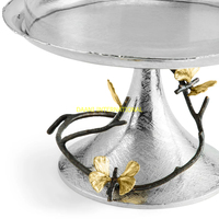 Support à gâteau rond en acier inoxydable résistant à la chaleur avec couvercle en verre, base en forme de branche d'arbre argentée, décoration de feuilles dorées, présentoir pour mariage et fête