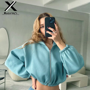 Sudadera con capucha corta rosa para mujer ELEVATEX INTERNATIONAL, con cremallera completa, mangas abullonadas, forro polar, estilo casual para otoño - Product Image 5