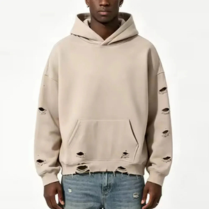 <b>Men</b> distressed <b>hoodie</b> ripped oversized pullover <b>pink</b> fleece cotton hooded distressed <b>hoodie</b> plain Distress <b>Hoodie</b> custom logo - Product Image 1