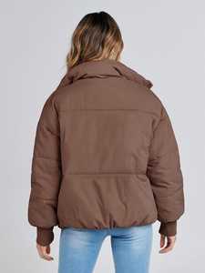 <b>Women</b> <b>Brown</b> Padded Winter Bomber <b>Jacket</b> Warm Single Button Outerwear Thick Denim Coat Hooded Cozy Style Casual Cold Short - Product Image 4