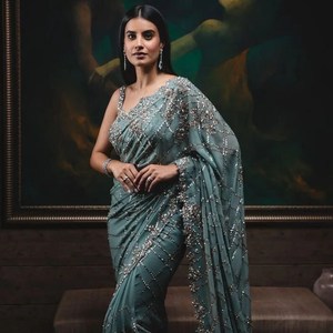 Estilo Bollywood Mono Net con cuentas y Zari bordado Saris de seda de diseñador de lujo y blusa de brocado de lujo de la India - Product Image 4