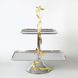 Support à gâteau en acier inoxydable plaqué argent, décoration de table avec support en feuille d'arbre dorée, support à gâteau élégant et antique - Product Image 2