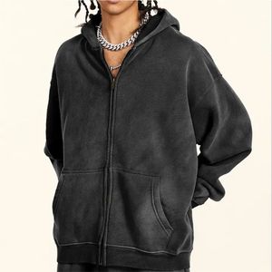 Couper et coudre grande taille prix de gros haute qualité hommes impression personnalisée détresse broderie fermeture éclair à capuche - Product Image 3