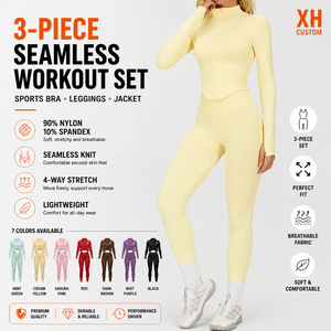 Conjunto de Yoga sin Costuras para Mujer con Logotipo Personalizado, 3 Piezas, Nailon y Elastano, Ropa Deportiva para Gimnasio, Fitness y Entrenamiento - Product Image 1