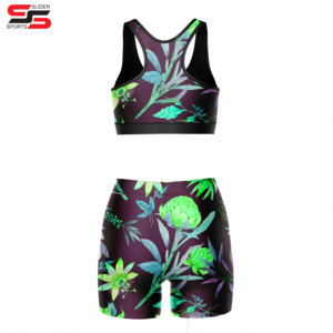 ชุดโยคะผู้หญิงแบบยืดหยุ่น ผ้าหนา พิมพ์ลายแบบซับลิเมชั่น ด้านหลังจับจีบ ชุดออกกำลังกาย เสื้อชั้นในกีฬาและกางเกงขาสั้น สำหรับฟิตเนสและออกกำลังกาย - Product Image 2