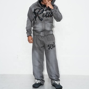 Vente en gros Streetwear Baggy zippé en coton épais et évasé avec strass personnalisé pour hommes survêtement pantalon de survêtement et sweat à capuche - Product Image 3
