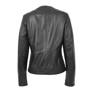 Chaqueta de cuero negro con logotipo personalizado para mujer nueva moda sin cuello manga larga cremallera suave acolchado transpirable teñido procesado - Product Image 2