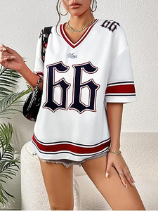 Unisex Streetwear Oversized V Neck American Football Jersey 66 Print White <b>Red</b> <b>Black</b> Striped Short SleeveTop Football Jersey - Product Image 3