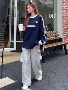 Sudadera de cuello redondo de gran tamaño, sudadera lisa de algodón para mujer, jersey con logotipo bordado, sudadera bordada para mujer - Product Image 6