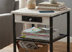 Mesita de noche industrial moderna con superficie de mármol, estructura metálica, estante de almacenamiento de 3 niveles y toma de corriente para muebles de dormitorio - Product Image 4