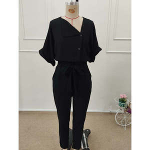 Women's Short Sleeve Collared Front Buttoned Crinkle Blouse and <b>Trousers</b> Two-Piece Set, 34912 - Black - Product Image 4