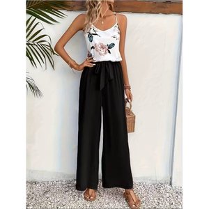 Ensemble deux pièces pour femme, chemisier à bretelles et col en V et pantalon Aerobin, 35707 - Noir - Product Image 2