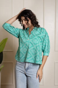 RANG MALHAR BANDHEJ bleu sarcelle 100% coton surdimensionné coupe ample haut Western pour femmes décontracté imprimé Style bouton imprimé débardeur - Product Image 4