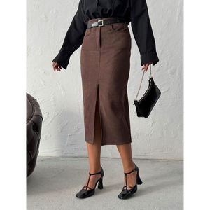 Jupe élégante taille haute en suède café 100 % polyester, collection automne Topshow, vente en gros - Product Image 4