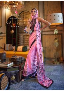 Détails du tissu italien Crape satin soie impression numérique moulin créateur Saree avec contraste Blouse fête vêtements traditionnels - Product Image 4