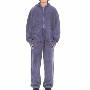 Conjunto Deportivo Personalizado con Capucha y Cremallera, Estilo Holgado, Lavado Ácido, 100% Algodón, Invierno para Hombre, Estampado, Bordado Desgastado - Product Image 1