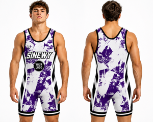 SINGLET DE LUCHA SINEWY para Hombre, Sublimado Personalizado, Estampado Morado y Blanco, Ajustado, Transpirable y Elástico - Product Image 1