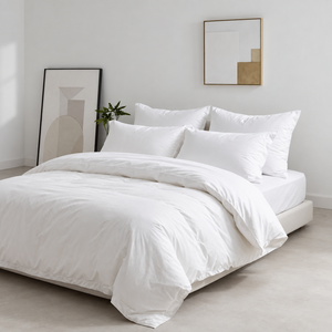 Parure de lit simple en coton blanc 300TC 4 pièces, couleur unie, respirante, housse de couette, taies d'oreiller, drap, pour usage domestique - Product Image 6