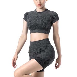 Women's Grey Workout Sets Lightweight Seamless 2-Piece High Waist Yoga Shorts <b>Stretch</b> Sports <b>Bra</b> Custom Material-Spandex - Product Image 1