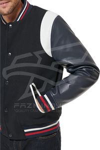 Veste universitaire à logo personnalisé pour hommes, col montant, manches en cuir, broderie, automne, noir, vestes de baseball Letterman pour hommes - Product Image 5