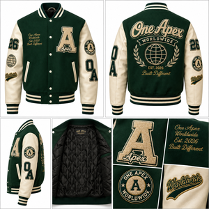 ONEAPEX INTERNATIONAL Custom Forest Green Men's <b>Winter</b> Hooded Letterman <b>Jacket</b> Wool Body White <b>Leather</b> Sleeves Chenille Casual - Product Image 5