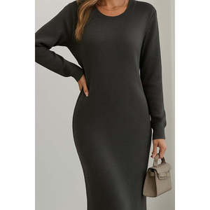 Vestido Midi de Punto con Cuello Redondo y Manga Larga para Mujer de Jane's, con Detalle de Abertura Lateral - Ropa Casual Elegante para el Día a Día - Product Image 3