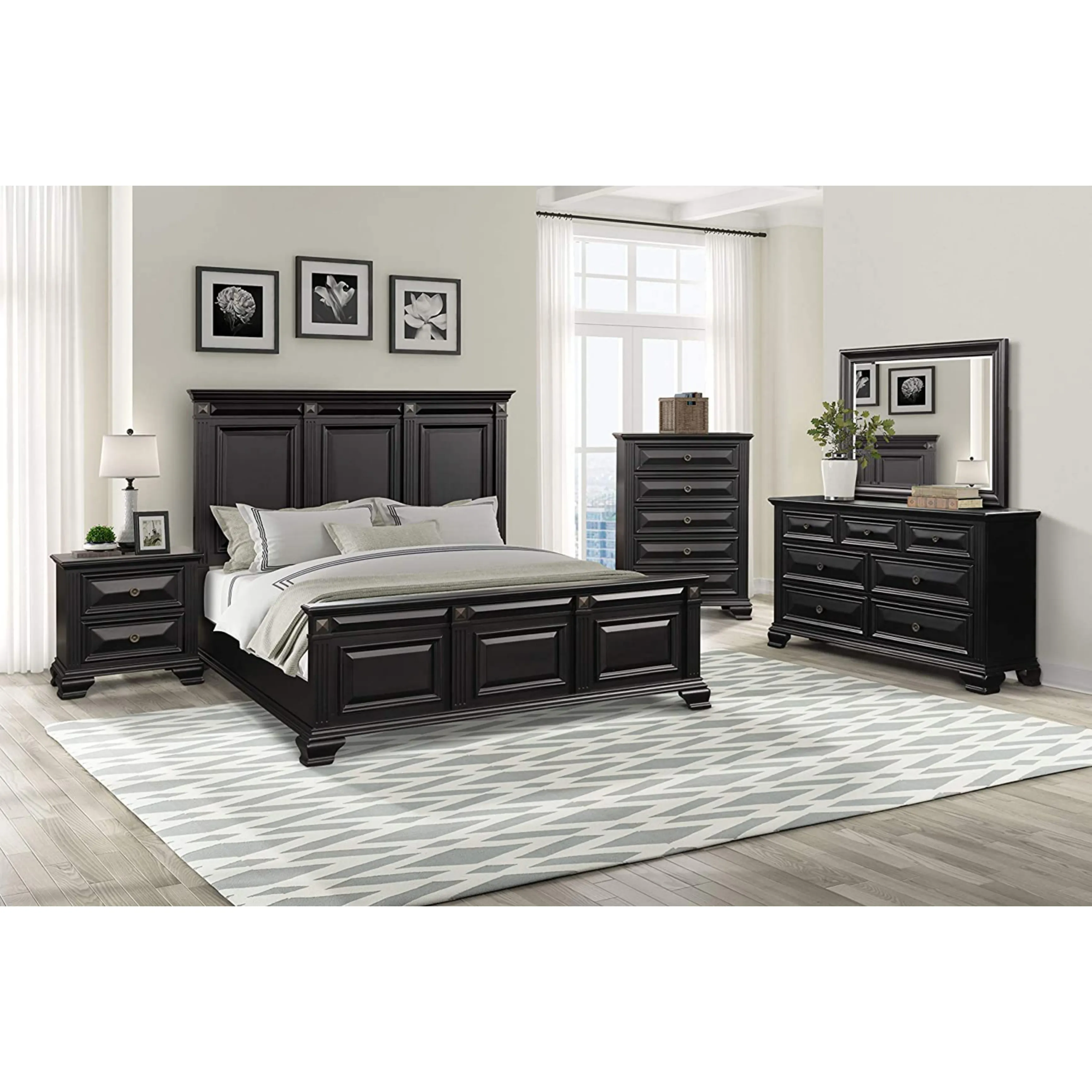 Meridian ahşap yatak odası mobilyası takım, kral yatak, soyunma tablo, ayna, masa, Vintage siyah