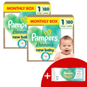 Couches Pampers pour bébé Taille 1 (2-5 kg), Harmonie, 0% Compromis, 100% Absorption, Origine Végétale, Hypoallergénique, 180 couches pour bébé - Product Image 1