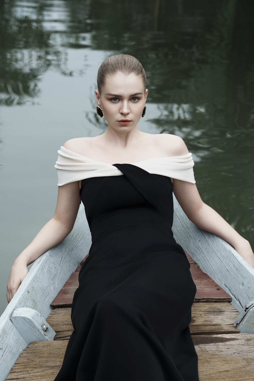 elegant fab off shoulder dress Navy Satin Off-Shoulder Draped Long Formal Dress