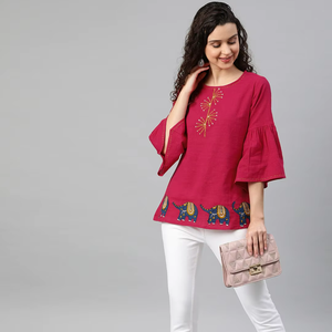 Haut en coton rose à effet slub, patchwork, col rond et manches cloche, taille S, prix de gros, meilleur confort - Product Image 1