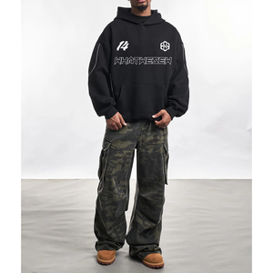 Nueva tendencia de ropa de calle 500g algodón negro pulóver holgado Regular Sudadera con capucha bordado serigrafía lavado ácido sudaderas con capucha personalizadas para hombres - Product Image 2