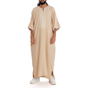 2025 <b>Men's</b> Islamic <b>Thobes</b> Customized OEM New Fashion Long Sleeve Neckline Embroidery Design Moroccan Style Jubbah Polyester - Product Image 1