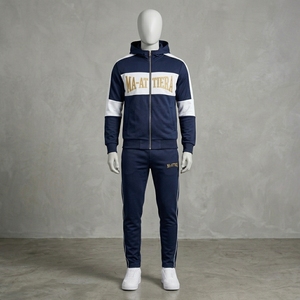 Conjunto Deportivo para Hombre, Azul Marino, con Capucha, Chaqueta con Cierre Completo, Pantalones Jogger, Paneles Blancos en Bloques de Color, Ropa Deportiva, Entrenamiento, Ajuste Profesional, Ropa Activa - Product Image 1