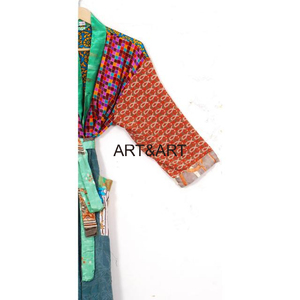 Robe de chambre femme florale en soie recyclée faite à la main nuit Maxi demoiselle d'honneur Kimono en soie vêtements de nuit ethniques indiens longue veste Duster - Product Image 4