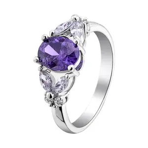 Wholesale Jewelry Top Grade Purple CZ Stone With CZ Accents White Gold Over Brass Ring Premium Quality For Women High Demanded