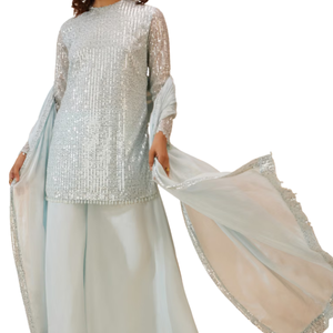 ชุดสูทพาลาซโซสีฟ้าผงเลื่อมสำหรับผู้หญิงเสื้อผ้าชาติพันธุ์ OEM ชุดปาร์ตี้งานแต่งงานออกแบบได้ตามต้องการ - Product Image 6