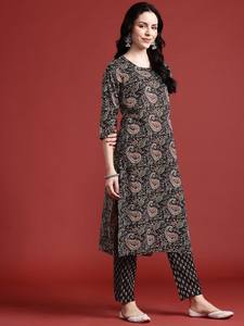 Mujeres Paisley Print puro algodón negro Kurta con pantalones y Dupatta indio pakistaní salwaar kameez traje - Product Image 5