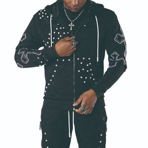 เสื้อฮู้ดดี้ผ้าฝ้ายคุณภาพสูง 100% สำหรับฤดูหนาว แขนยาว ซิป ประดับมุกและคริสตัล แห้งเร็ว สไตล์วินเทจ ปักลาย апплика - Product Image 3