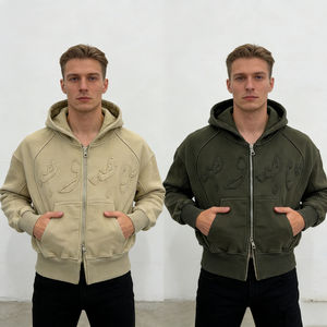 เสื้อฮู้ดดี้ผู้ชายสไตล์วินเทจสีเบจเขียวมะกอกทรงครอปโอเวอร์ไซส์ แต่งลายปักอักษรอาหรับ ซิปยาวเต็มตัว ลุคสตรีทแวร์ - Product Image 1