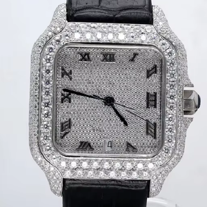 Luxury <b>Men's</b> Party Wear Watch <b>Black</b> Leather Band Fancy Square Dial Rectangle Case Shape Mechanical Crystal Moissanite Diamond - Product Image 1