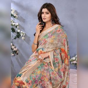 ผ้าส่าหรีลายดอกไม้หลากสีสันโทนเบจแบบมืออาชีพ รุ่น GG-423  ซักเฉพาะ  ให้ความรู้สึกนุ่มละมุน  ประกายละเอียดอ่อน  และมีเอกลักษณ์เฉพาะตัว - Product Image 6