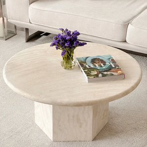 Muebles para el hogar minimalistas modernos, mesa de centro redonda nórdica, sala de estar creativa, mesa de centro de travertino de piedra beige de mármol - Product Image 1