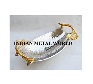 Plateau de service à thé et café en acier inoxydable martelé, plateau en acier poli au Nickel de grande taille provenant de l'inde - Product Image 4