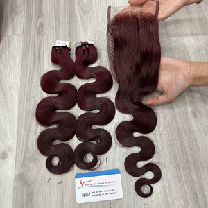 Extensiones de cabello humano Remy vietnamita más vendidas, máquina de doble estiramiento, doble trama, onda del cuerpo, Color vino tinto, cierre de encaje HD - Product Image 4