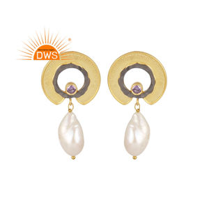 ล่าสุดการออกแบบที่ทำด้วยมือชุบทองธรรมชาติน้ำจืดมุกและเพทายพลอยอเมทิสต์ต่างหู Demi ผู้ผลิตเครื่องประดับปรับ - Product Image 1